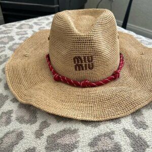 Miu Miu Brown Straw Hat with Red Rope